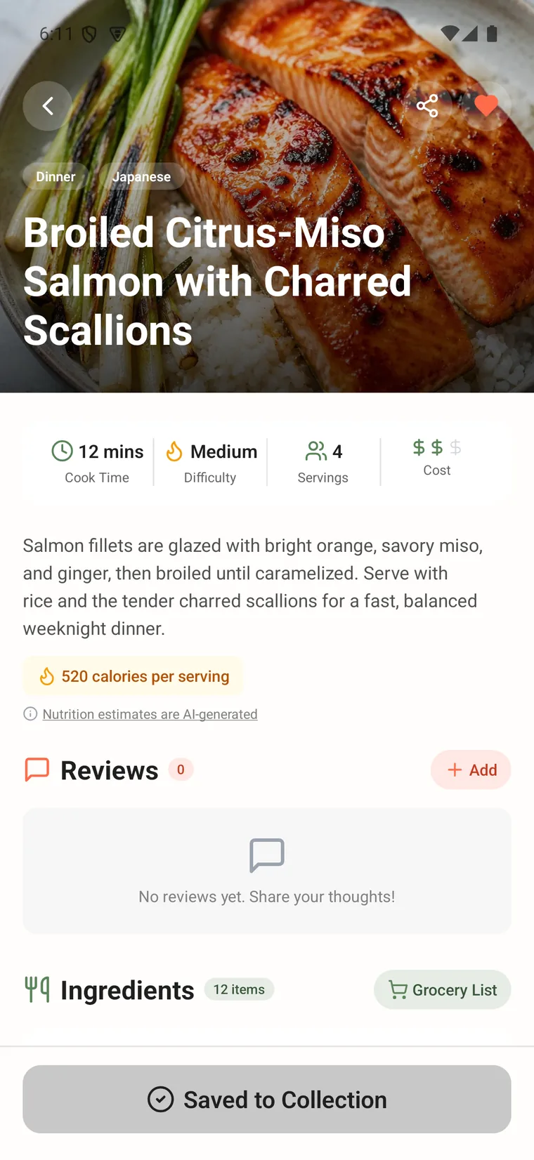 Recipe detail screen with ingredient checklist and grocery list button