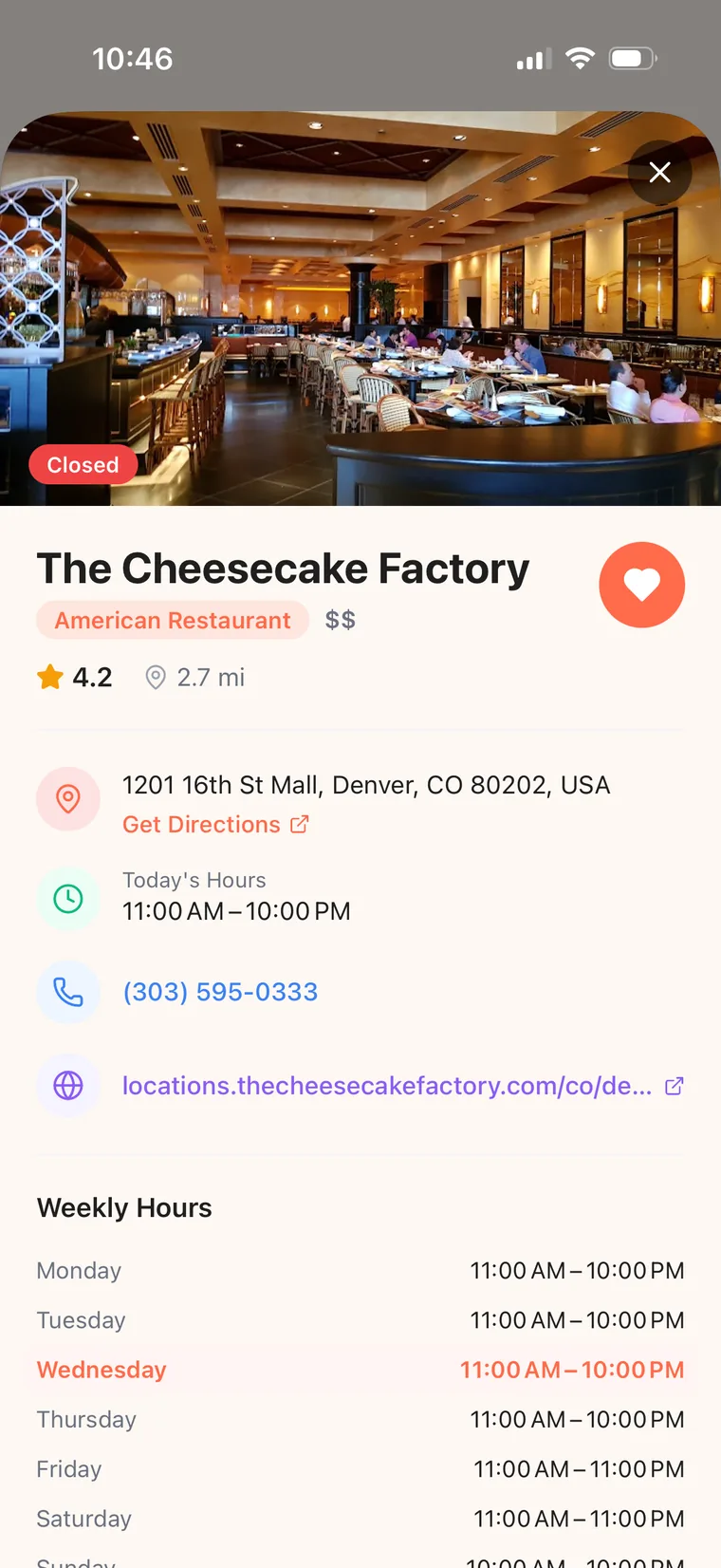 Restaurant detail screen with hours, phone number, and directions