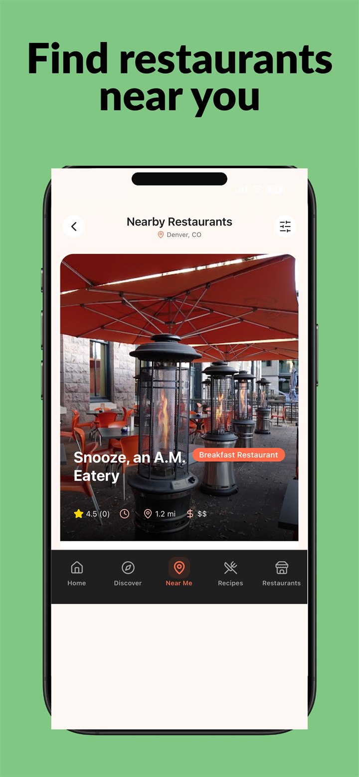 MealSwipe app showing nearby restaurant discovery