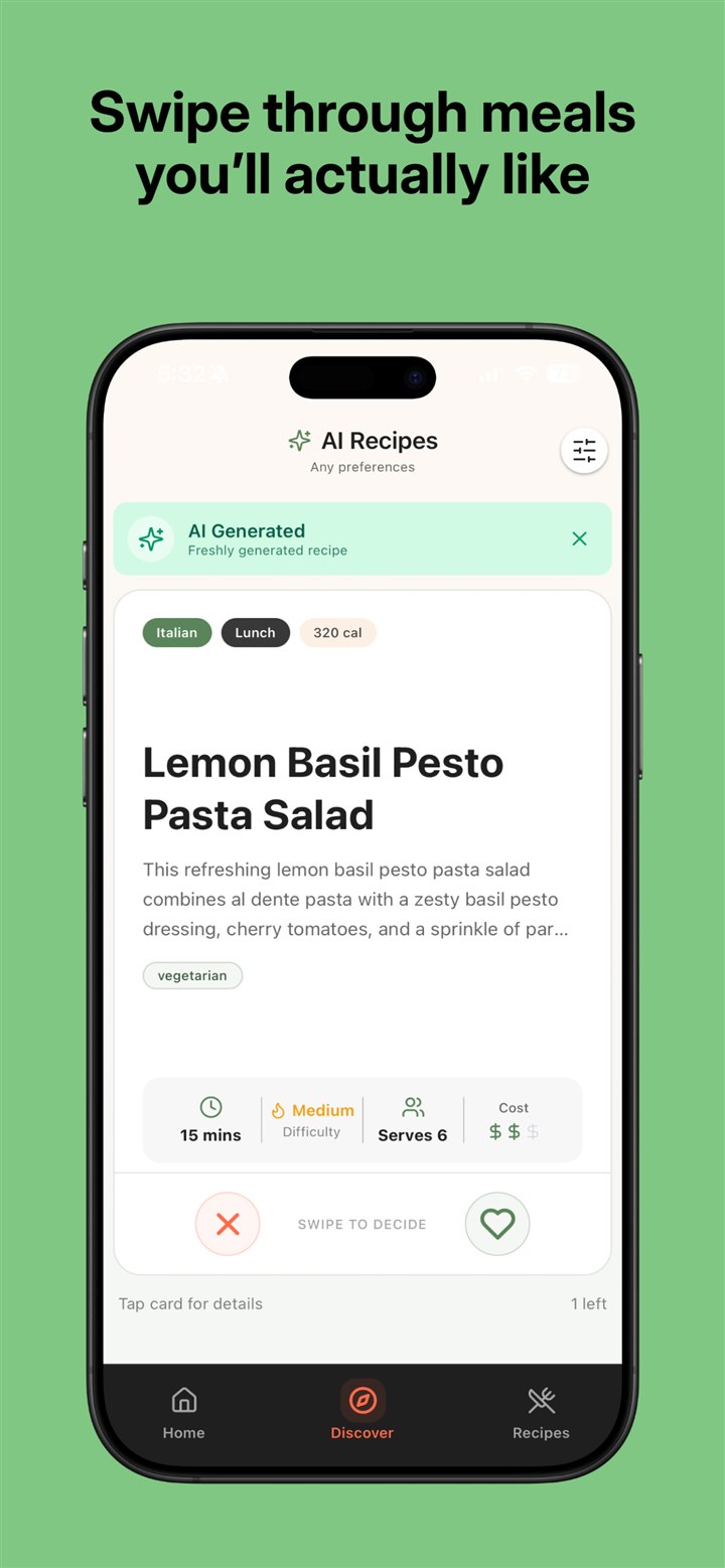 MealSwipe app showing a recipe card for Lemon Basil Pesto Pasta Salad